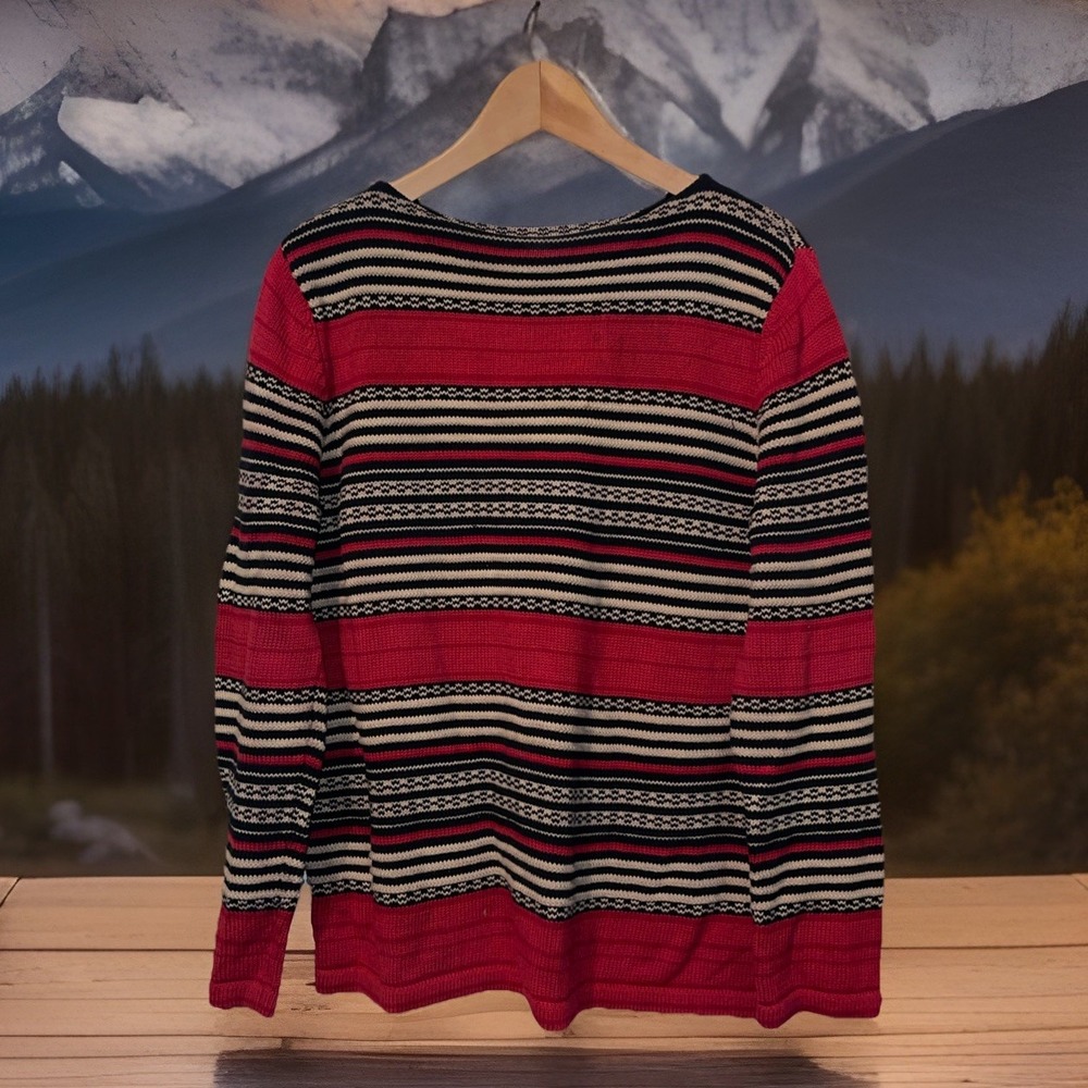 Lauren Ralph Lauren Sweater L Red Chunky Knit Boatneck Nautical Thick Cotton